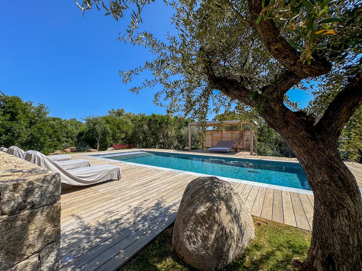 Jardin de la villa neuve de 3 chambres avec piscine chauffée, située dans le Domaine privé Punta Arasu à Porto Vecchio